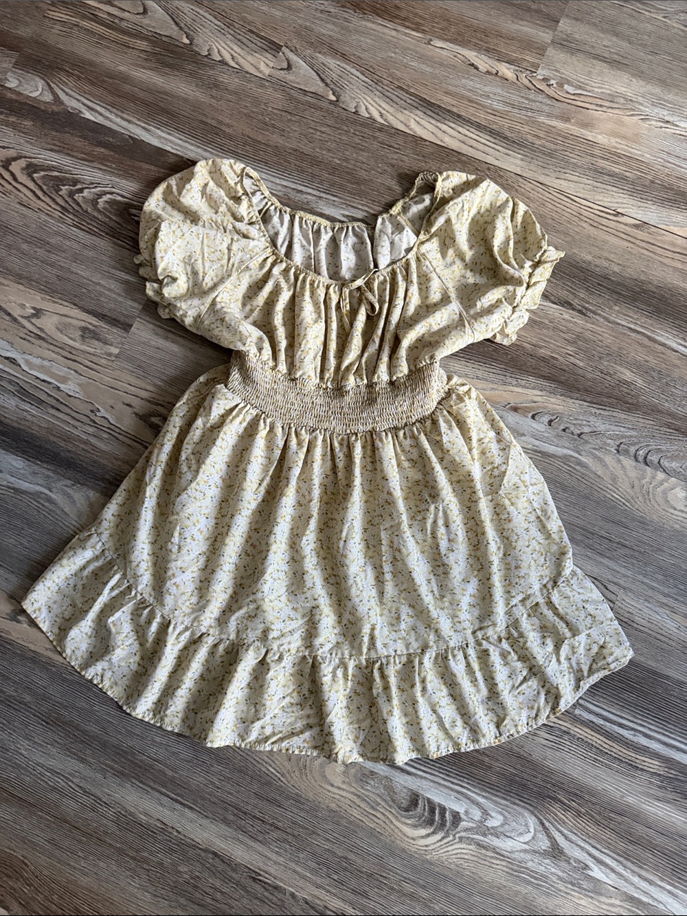 SHEIN Yellow Floral Smocked Waist Puff Sleeve Mini Dress
